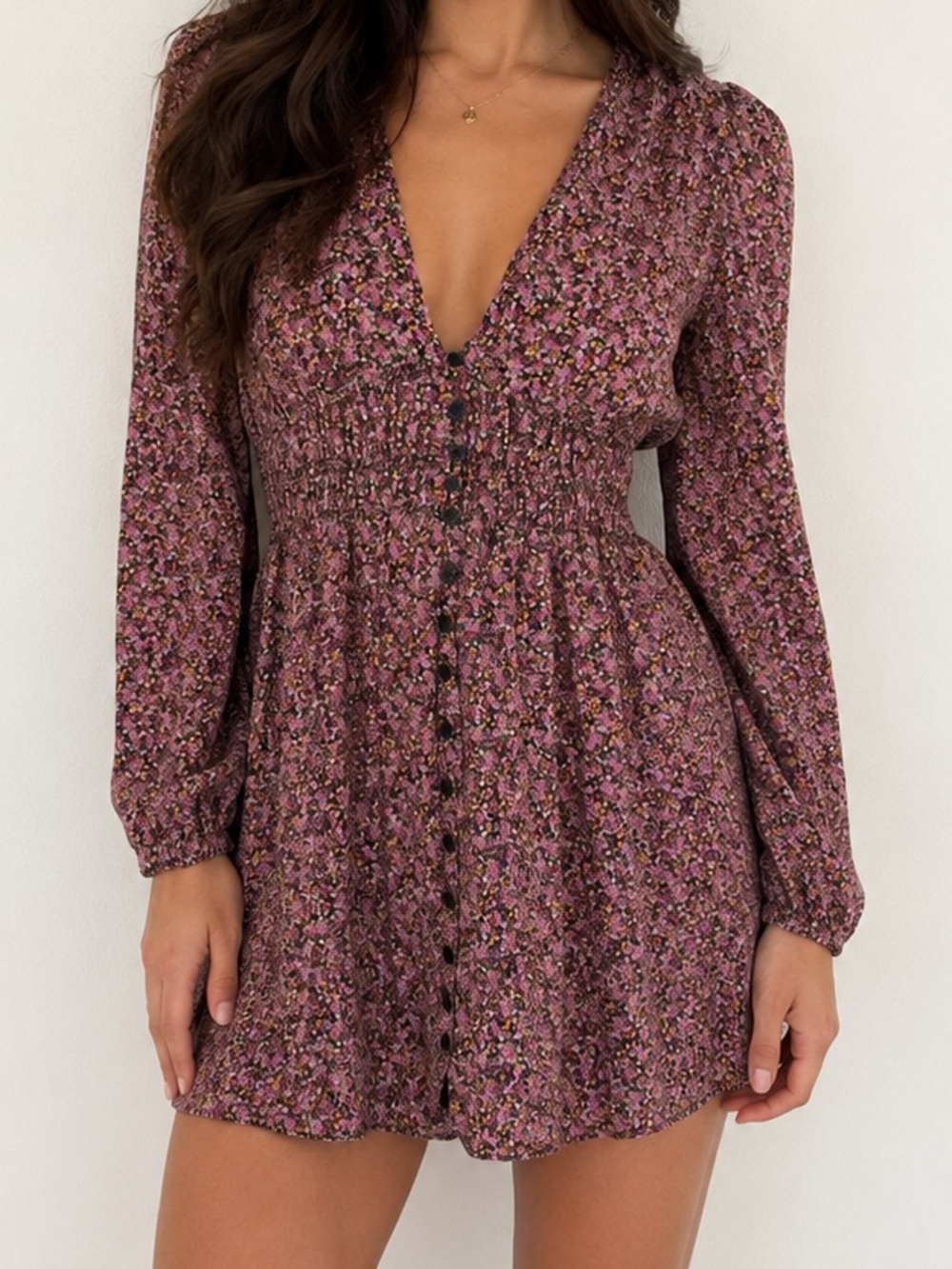Zara Pink Black Floral Long Sleeve Mini Dress Medium